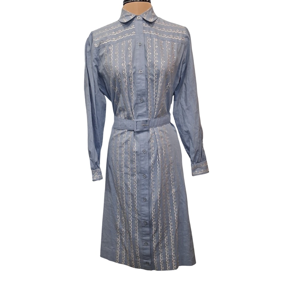 Serbin Marianne Shirt Dress Rockabilly Blue Eyelet‎ Embroidered Belted SZ 10 USA
